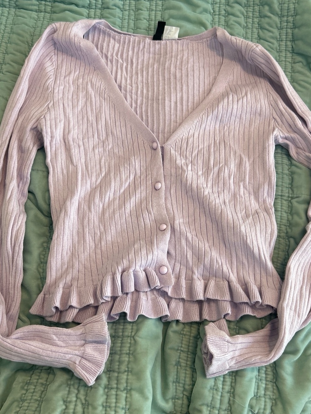 H&M Lilac Ribbed Button-Front Cardigan with Ruffle Hem
